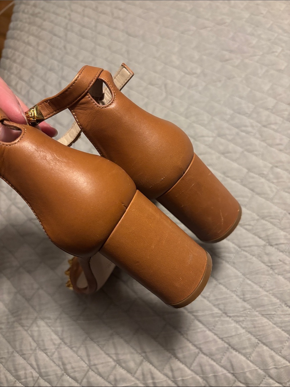 Stuart Weitzman Women's Tan Leather Block Heel Sandals - Picture 5 of 8